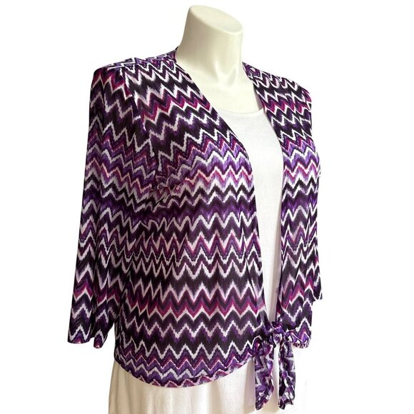 Chicos Travelers Collection Purple Zig-Zag Sheer Tie-Front Cardigan Size 3 (XL) - Picture 2 of 8